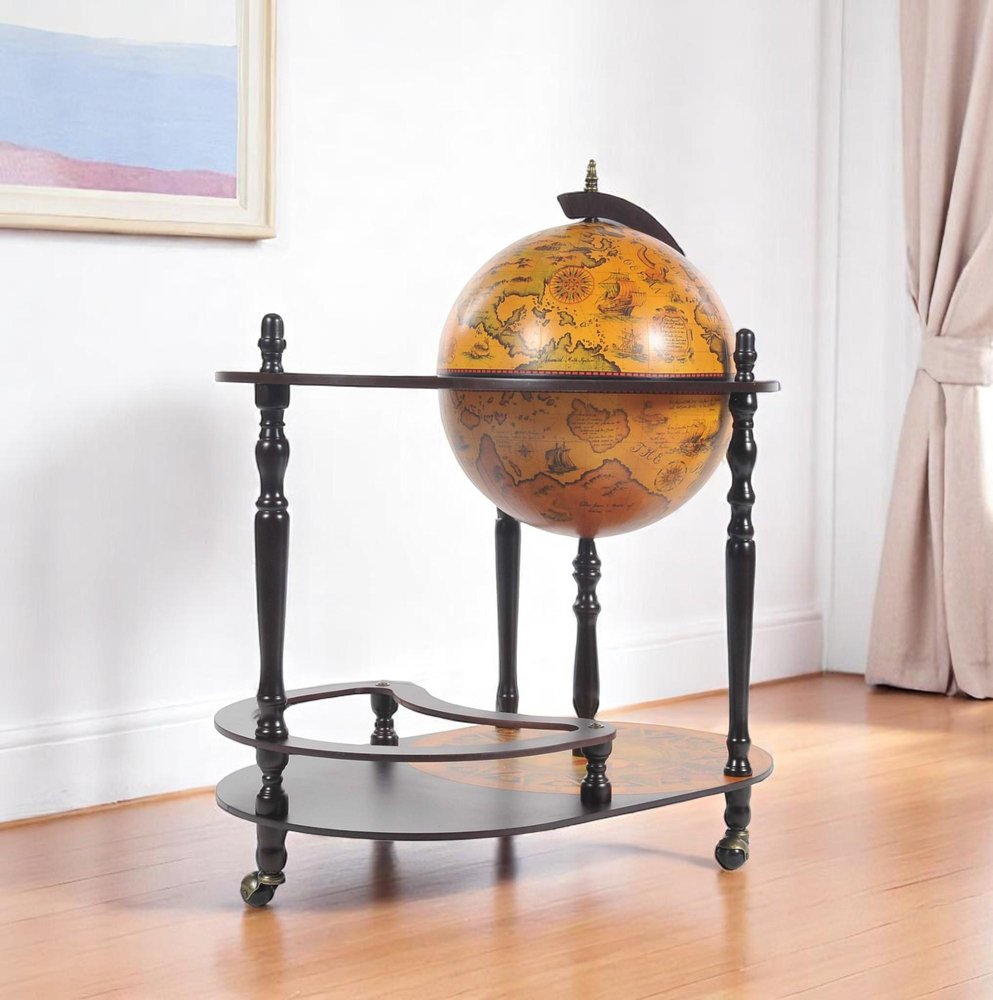 32" Brown Solid Wood Oval Rolling Bar Cart With Wine Storage. Bar cart isolated on a plain white background, showing a wood surface.