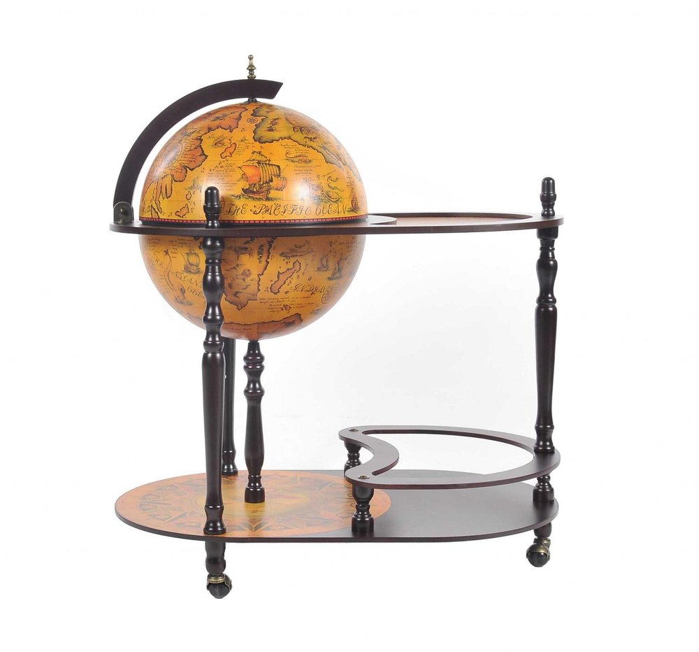 32" Brown Solid Wood Oval Rolling Bar Cart With Wine Storage. Bar cart isolated on a plain white background, showing a wood surface.