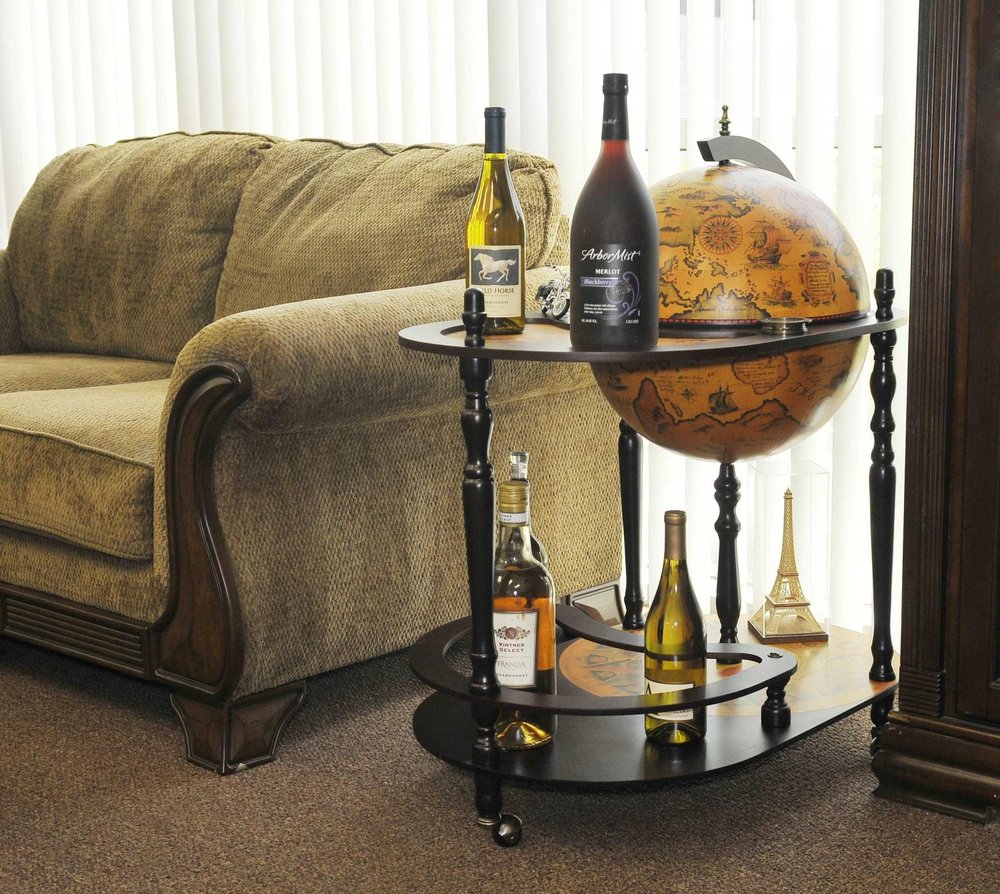 32" Brown Solid Wood Oval Rolling Bar Cart With Wine Storage detail shot of the brown wood finish.