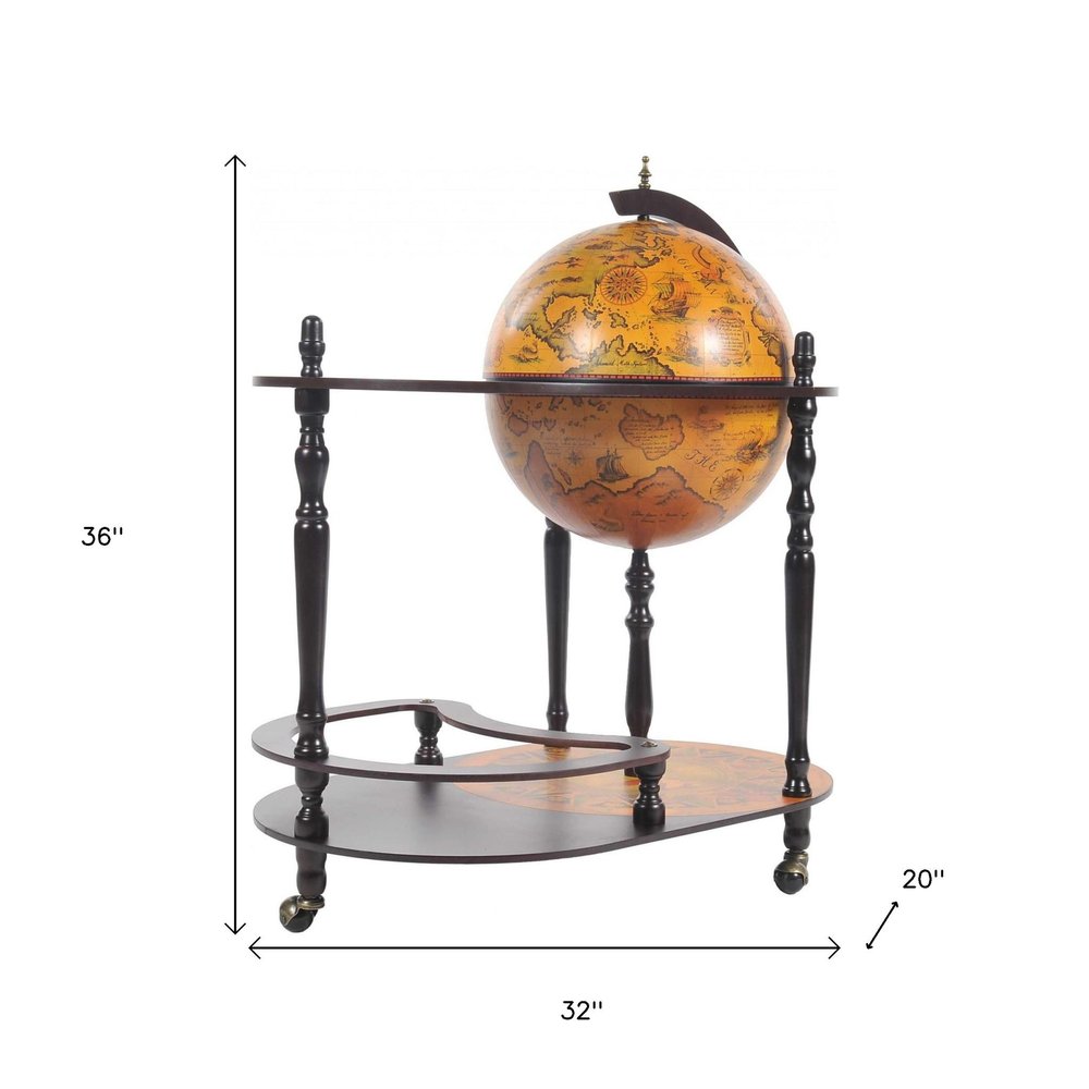 32" Brown Solid Wood Oval Rolling Bar Cart With Wine Storage. Bar cart isolated on a plain white background, showing a wood surface.