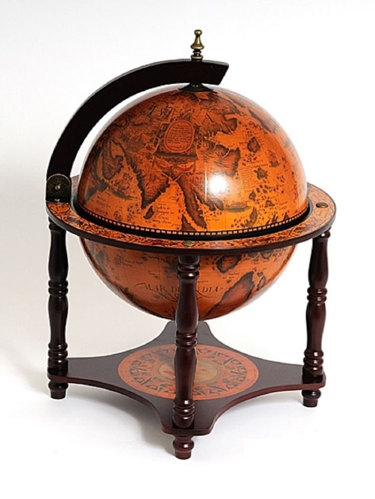 22" Old World Nautical Map Globe Mini Bar. Bar cart isolated on a plain white background, in a mahogany finish.