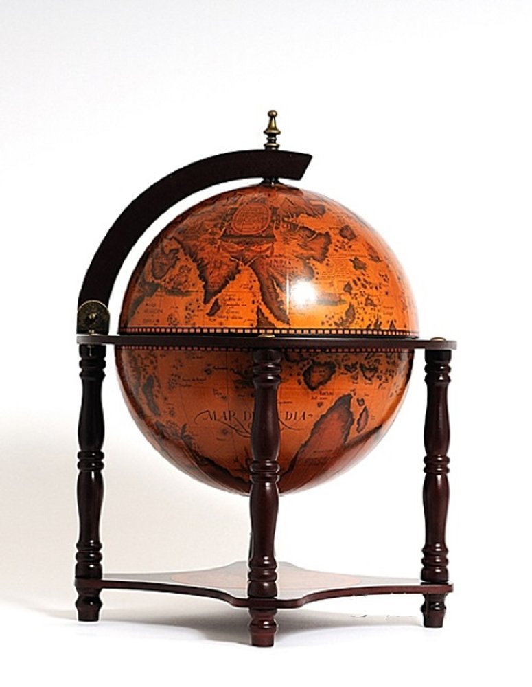 A vintage-style globe bar with an orange map and dark wood stand against a white background.
