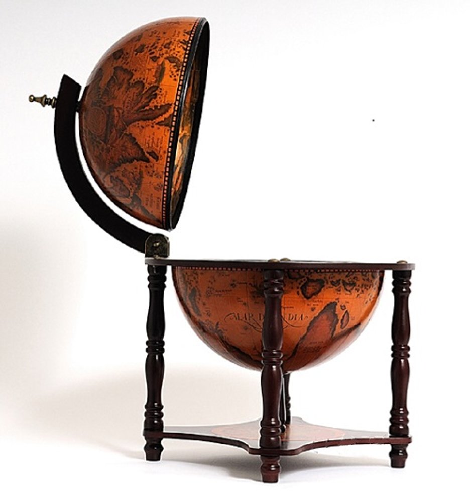 22" Old World Nautical Map Globe Mini Bar. Bar cart isolated on a plain white background, in a mahogany finish.