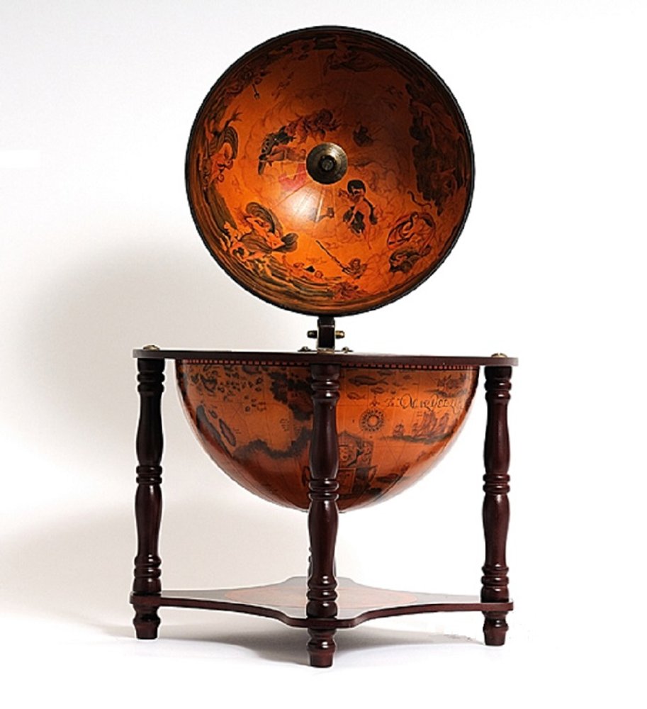 22" Old World Nautical Map Globe Mini Bar. Bar cart isolated on a plain white background, finished in mahogany.