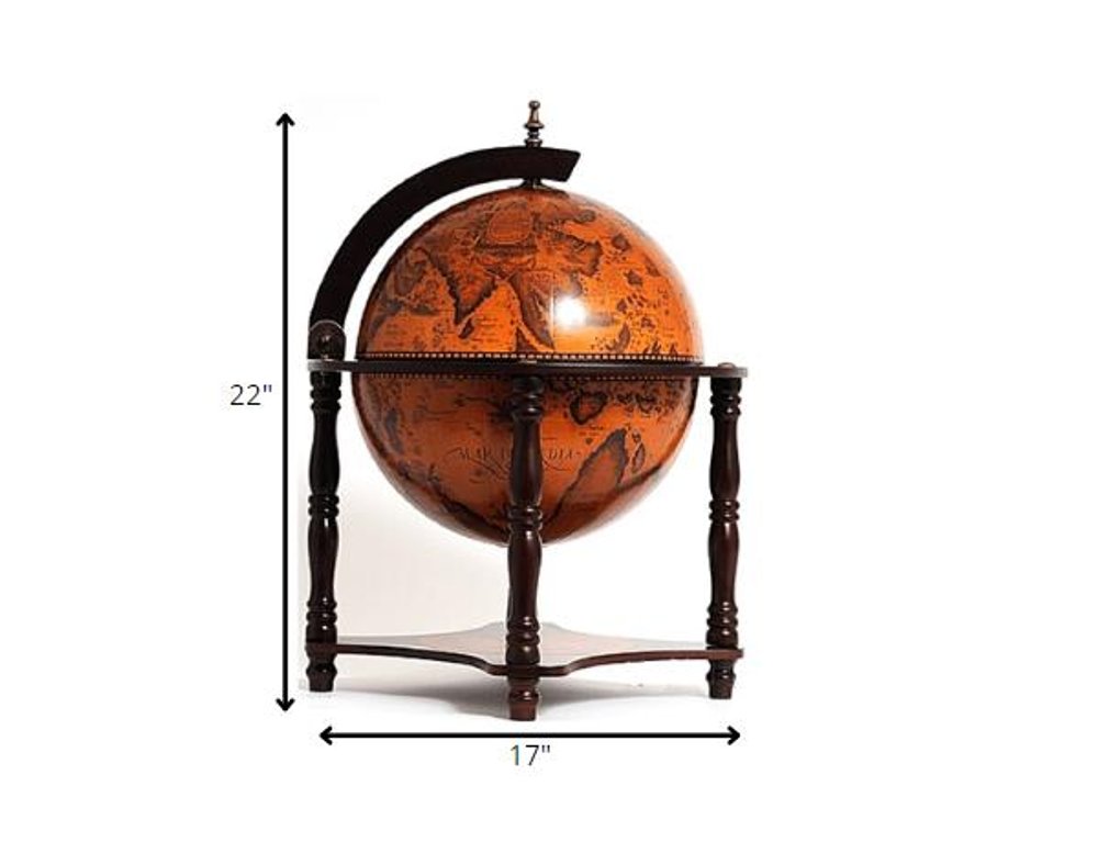 22" Old World Nautical Map Globe Mini Bar. Bar cart isolated on a plain white background, showing its mahogany color.