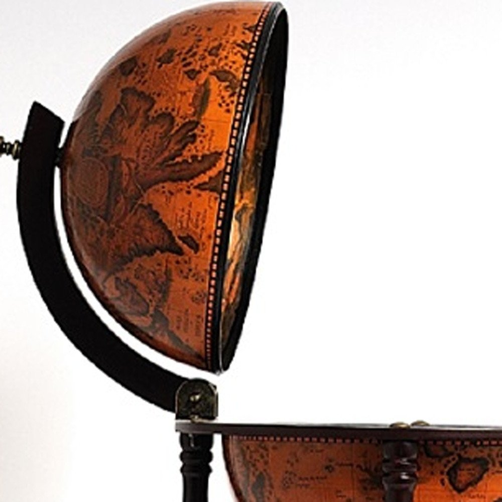 22" Old World Nautical Map Globe Mini Bar. Bar cart isolated on a plain white background, finished in mahogany.