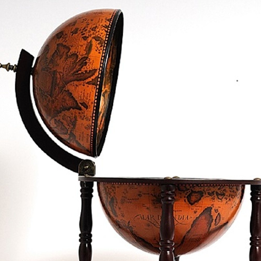 22" Old World Nautical Map Globe Mini Bar. Bar cart isolated on a plain white background, showing its mahogany color.