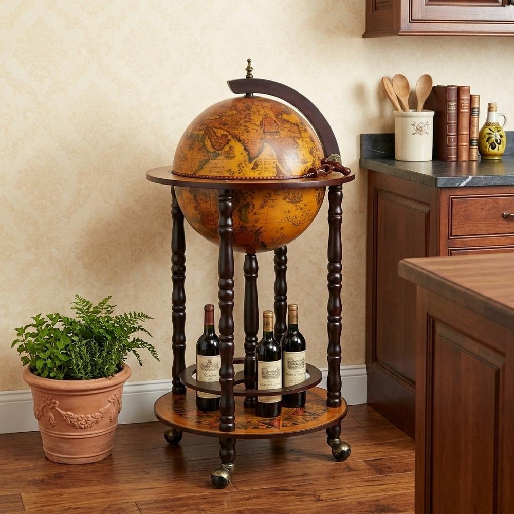 17" X 17" X 35" Globe Bar Table 330Mm 4 Legs Stand Red. Kitchen cart in mahogany.