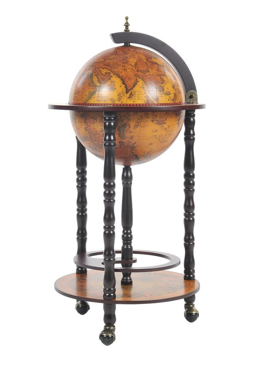 Antique-style globe bar table with a wooden stand and wheels, featuring a detailed world map on the globe and base.