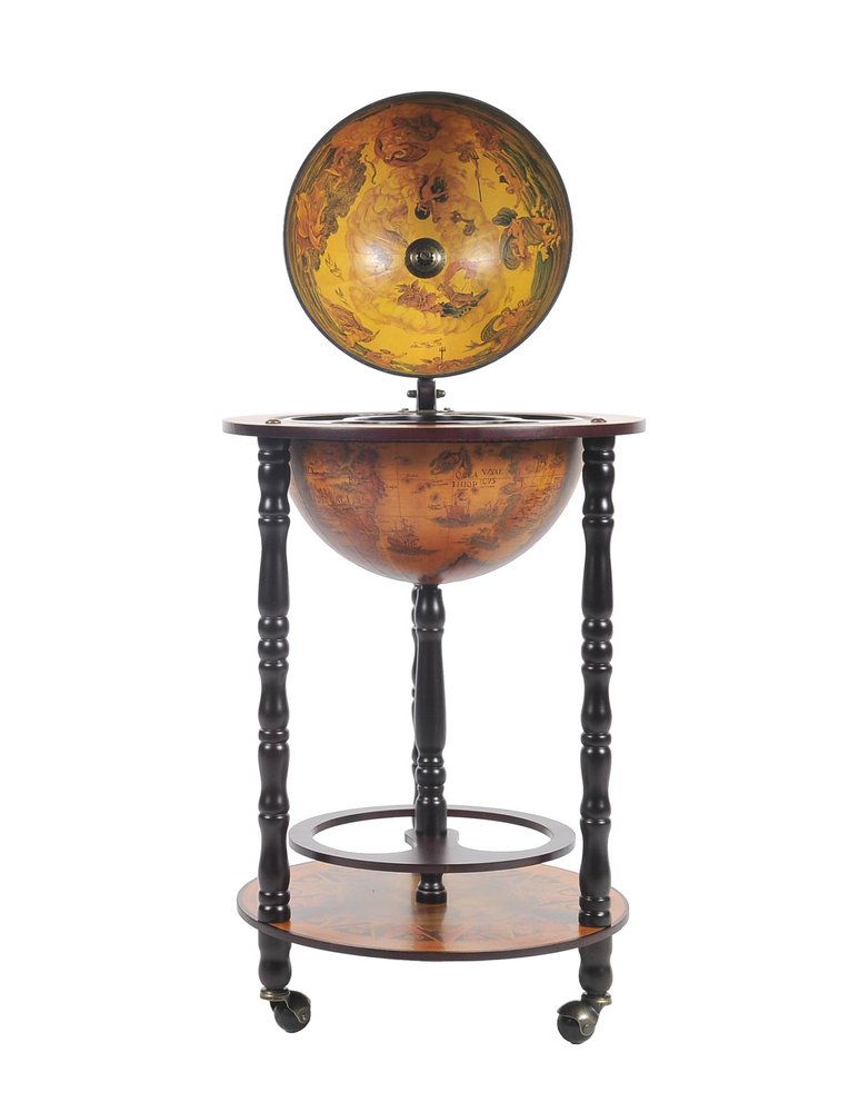 17" X 17" X 35" Globe Bar Table 330Mm 4 Legs Stand Red. Kitchen cart isolated on a plain white background, in a mahogany finish.