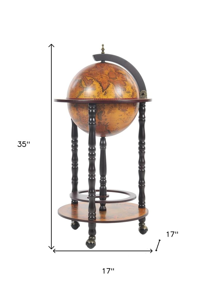 17" X 17" X 35" Globe Bar Table 330Mm 4 Legs Stand Red. Kitchen cart isolated on a plain white background.