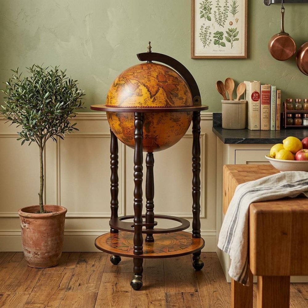 17" X 17" X 35" Globe Bar Table 330Mm 4 Legs Stand Red. Kitchen cart in mahogany.
