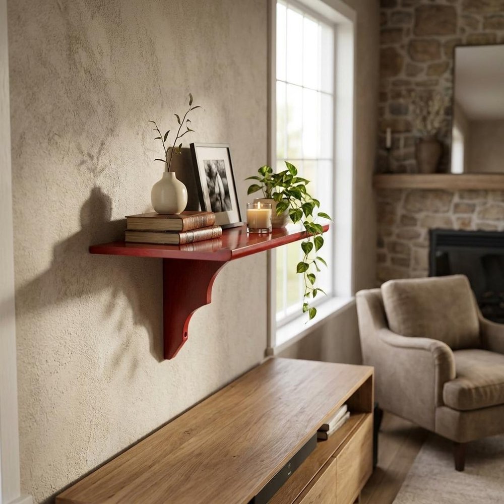 10" Red Solid Wood Wall Mounted Floating Shelf styled in a furnished interior with a brown wall on a wood floor.