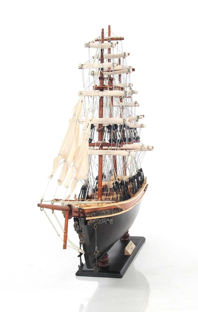 17" Brown Wood and Metal Hand Painted Cutty Sark Model Boat Tabletop Sculpture. Sculpture isolated on a plain white background, showing a metal surface.