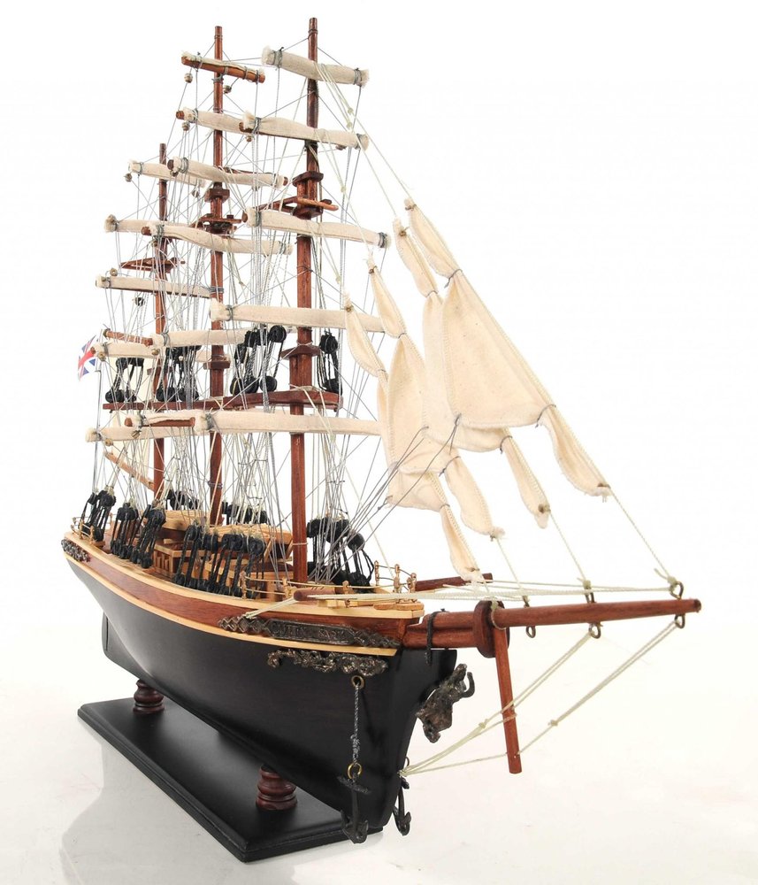 17" Brown Wood and Metal Hand Painted Cutty Sark Model Boat Tabletop Sculpture. Sculpture isolated on a plain white background, showing a metal surface.