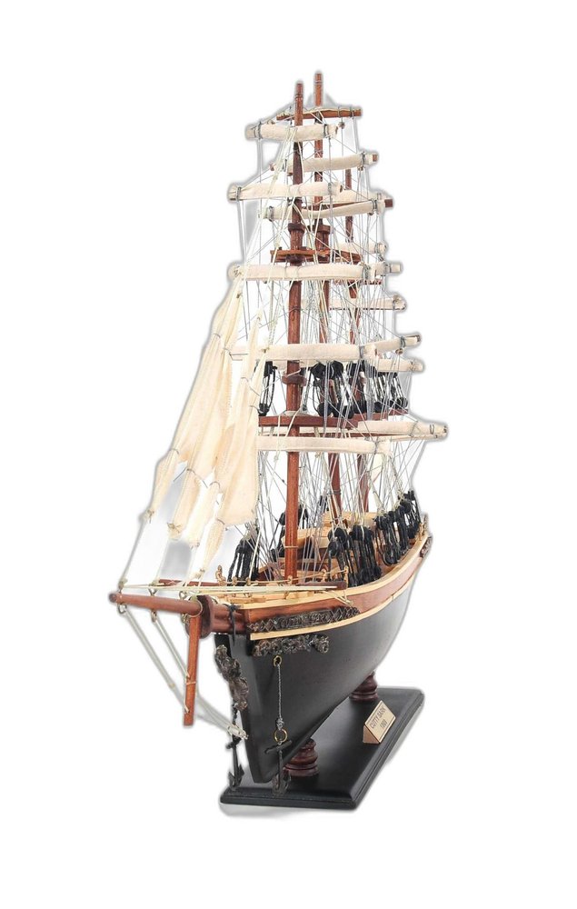 17" Brown Wood and Metal Hand Painted Cutty Sark Model Boat Tabletop Sculpture. Sculpture isolated on a plain white background, showing a metal surface.