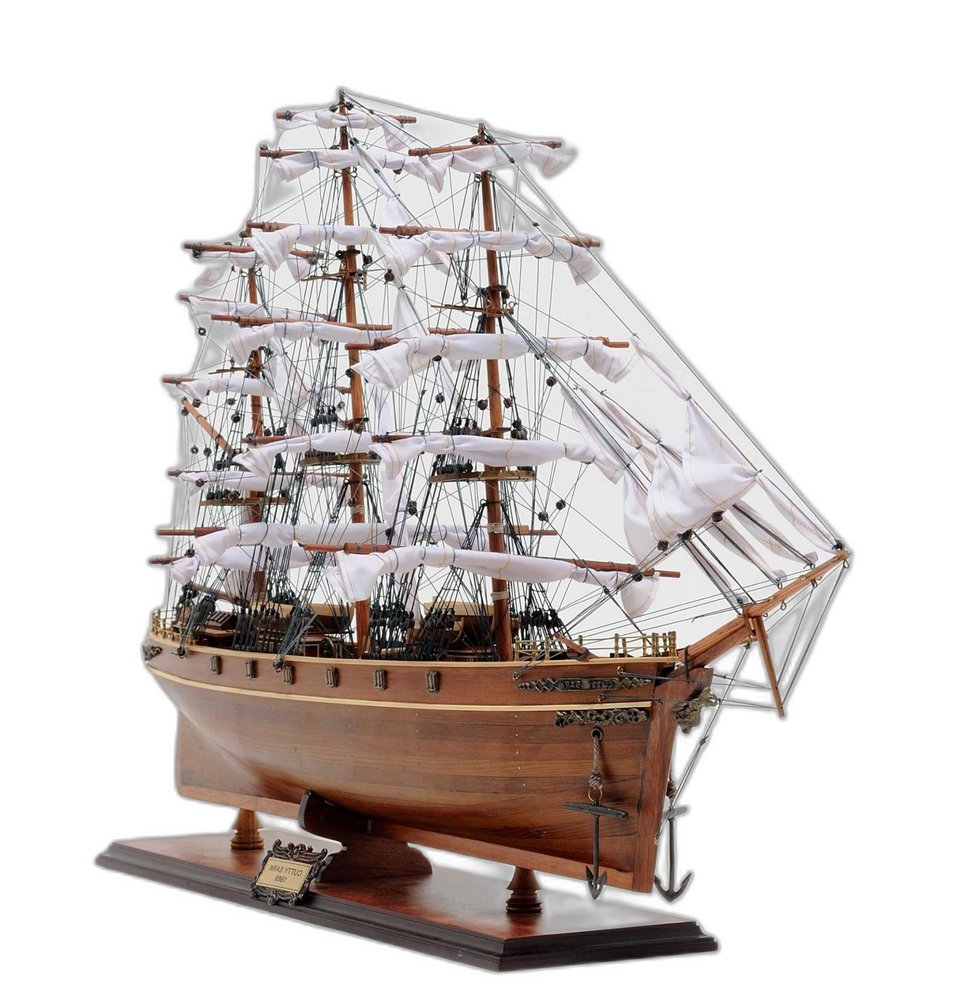 28" Brown Solid Wood Hand Painted Model Boat. Sculpture isolated on a plain white background, finished in brown wood.