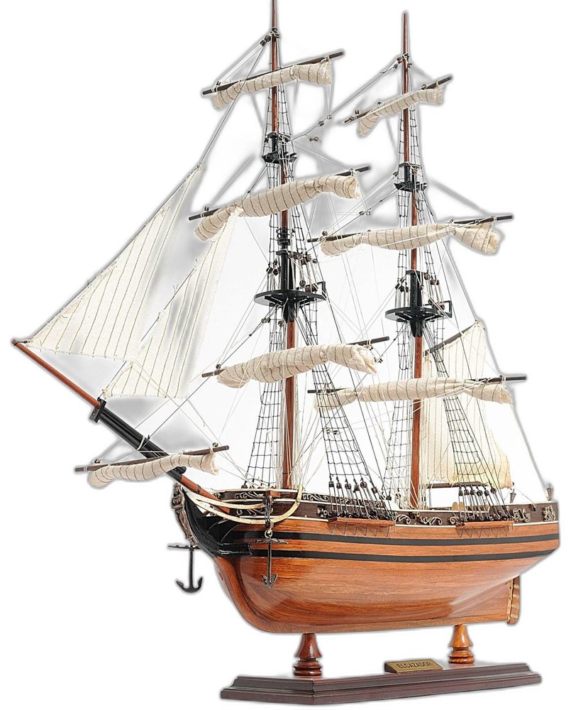 24" Brown Solid Wood Hand Painted Boat Model Boat. Home product isolated on a plain white background, finished in brown wood.