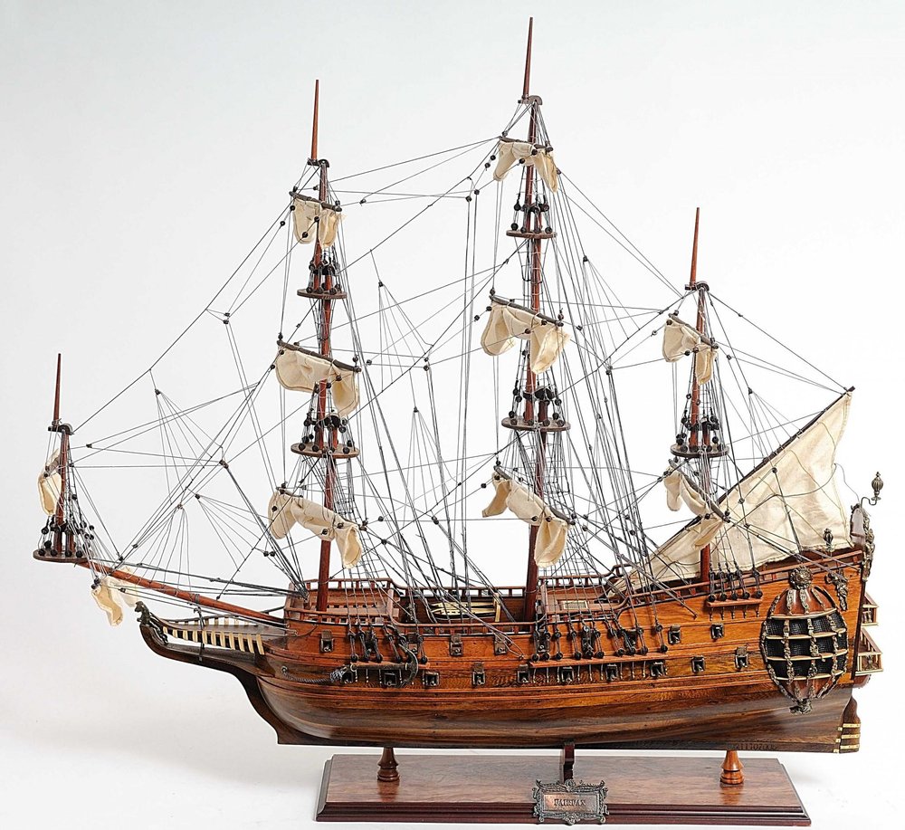 32" Brown Solid Wood Hand Painted Model Boat