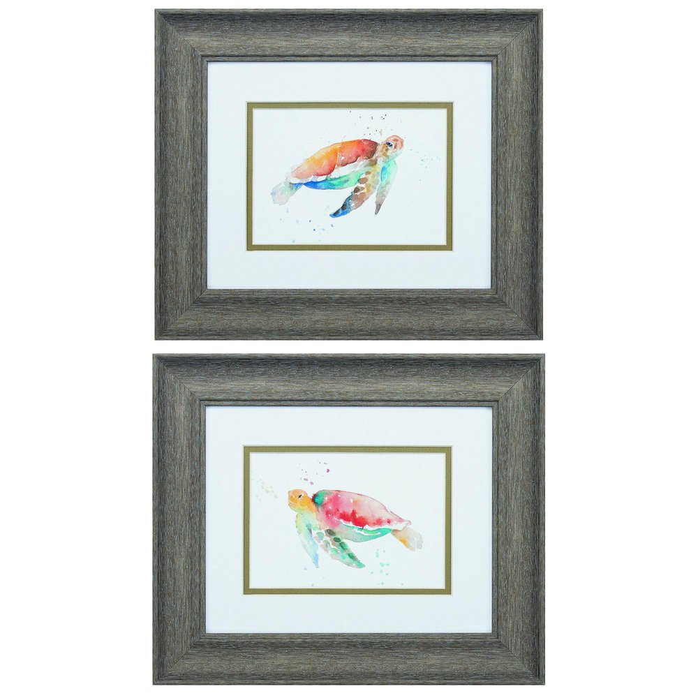 Two framed watercolor paintings of sea turtles in red, blue, and green, with gray wood frames.
