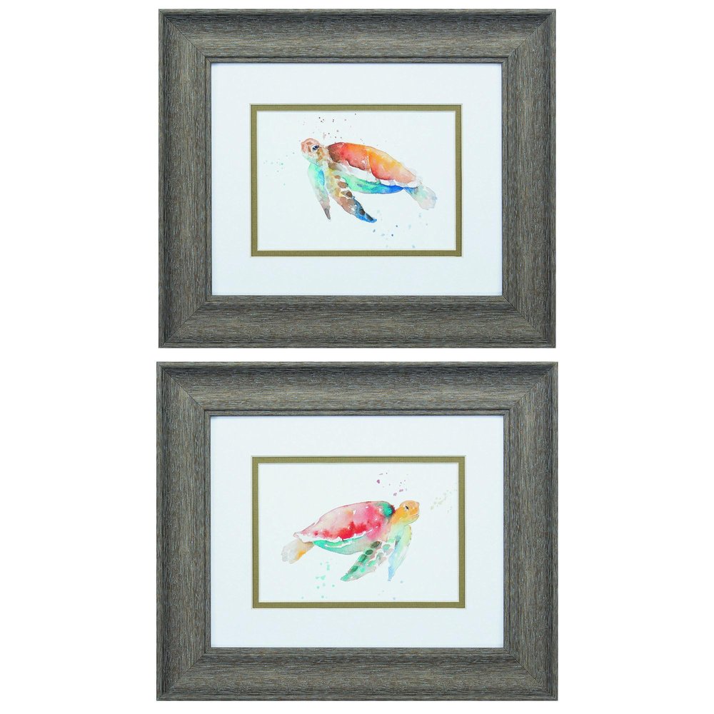 Set of Two Red and Blue Turtle Framed Wall Art on a white background