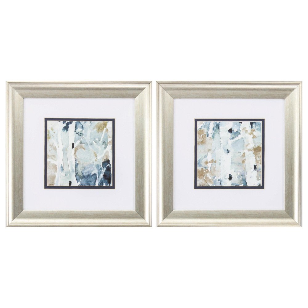 Set of Two Blue Watercolor Brushed Silver Framed Wall Art on a white background