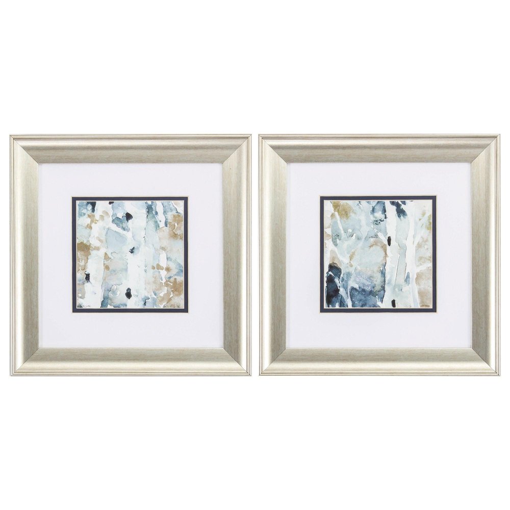 Set of Two Blue Watercolor Brushed Silver Framed Wall Art on a white background