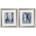 Set of Two Modern Blue Abstract Silver Framed Art on a white background