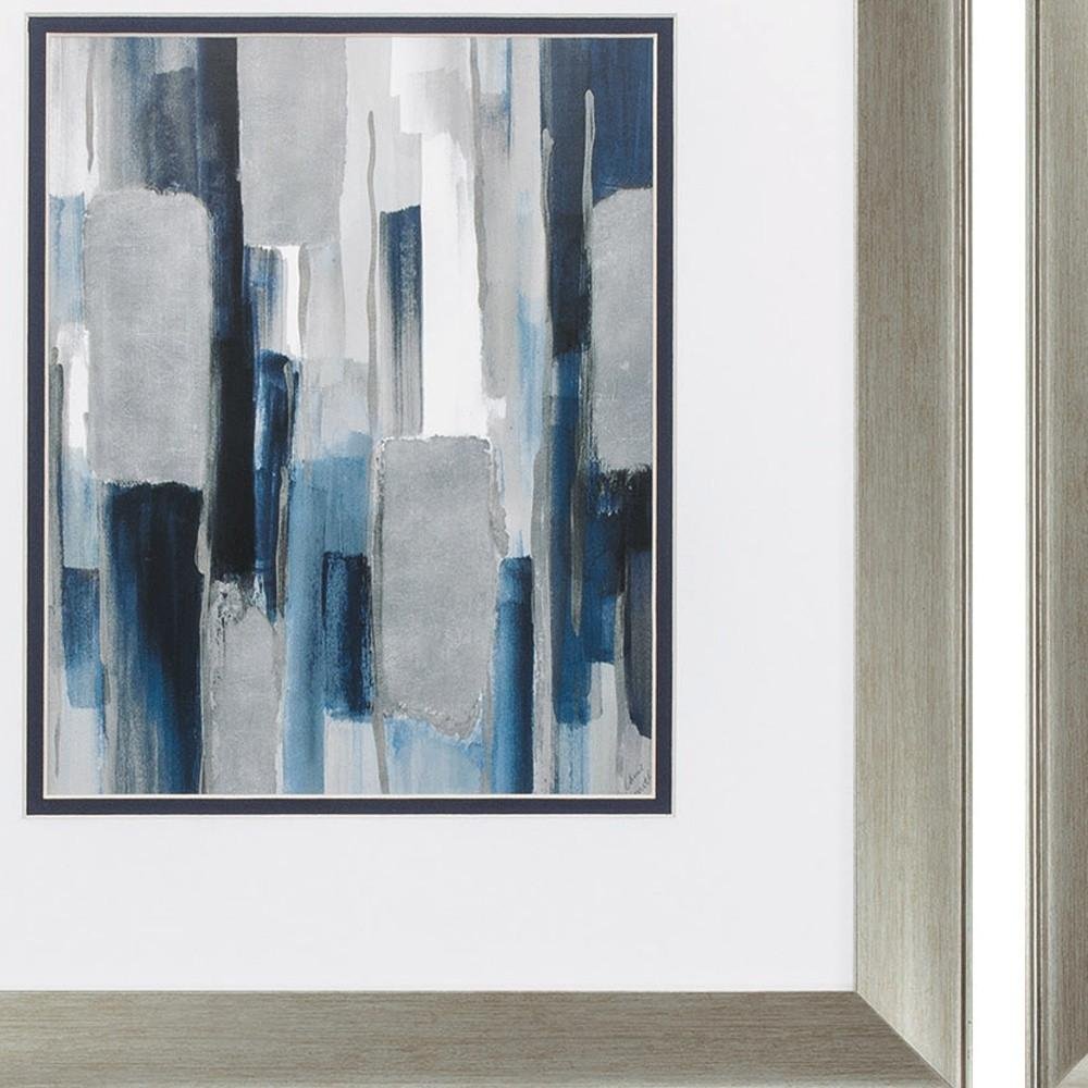 Set of Two Modern Blue Abstract Silver Framed Art on a white background