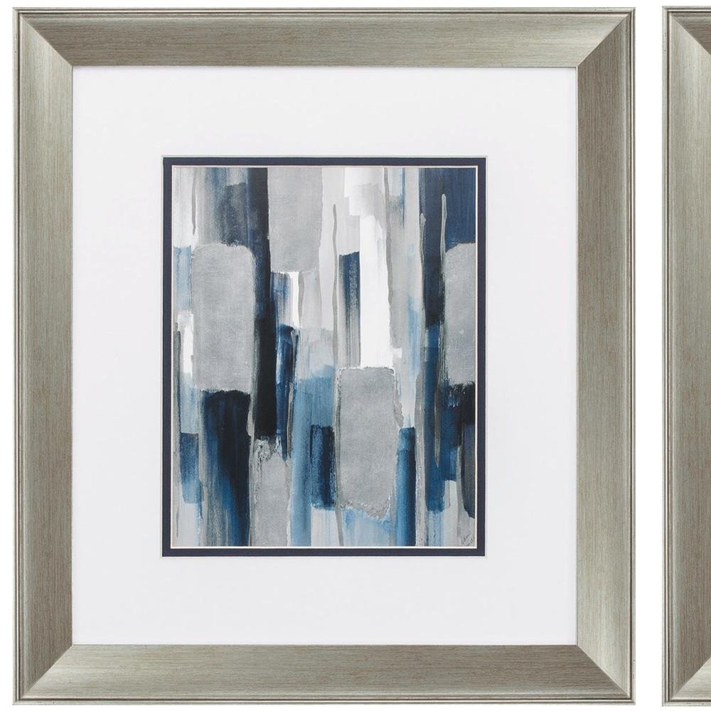 Set of Two Modern Blue Abstract Silver Framed Art on a white background