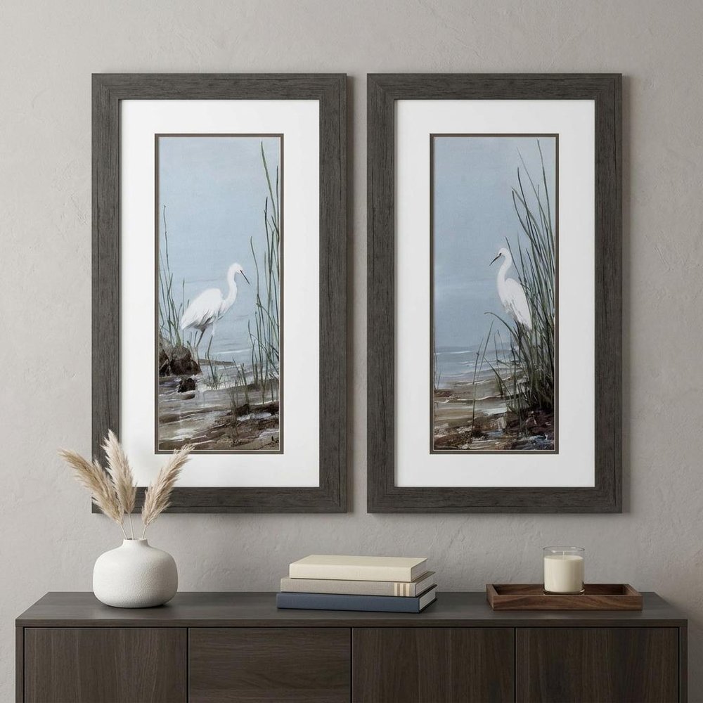 Set of Two Island Egret Brown Framed Art in a home interior