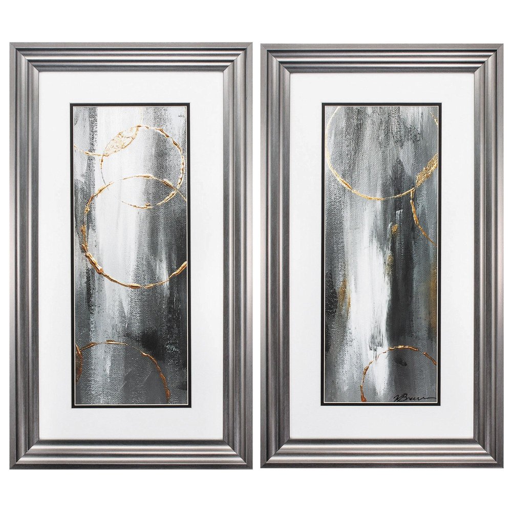 Set of two modern abstract gunmetal framed art with gold circles on a gray and white background.