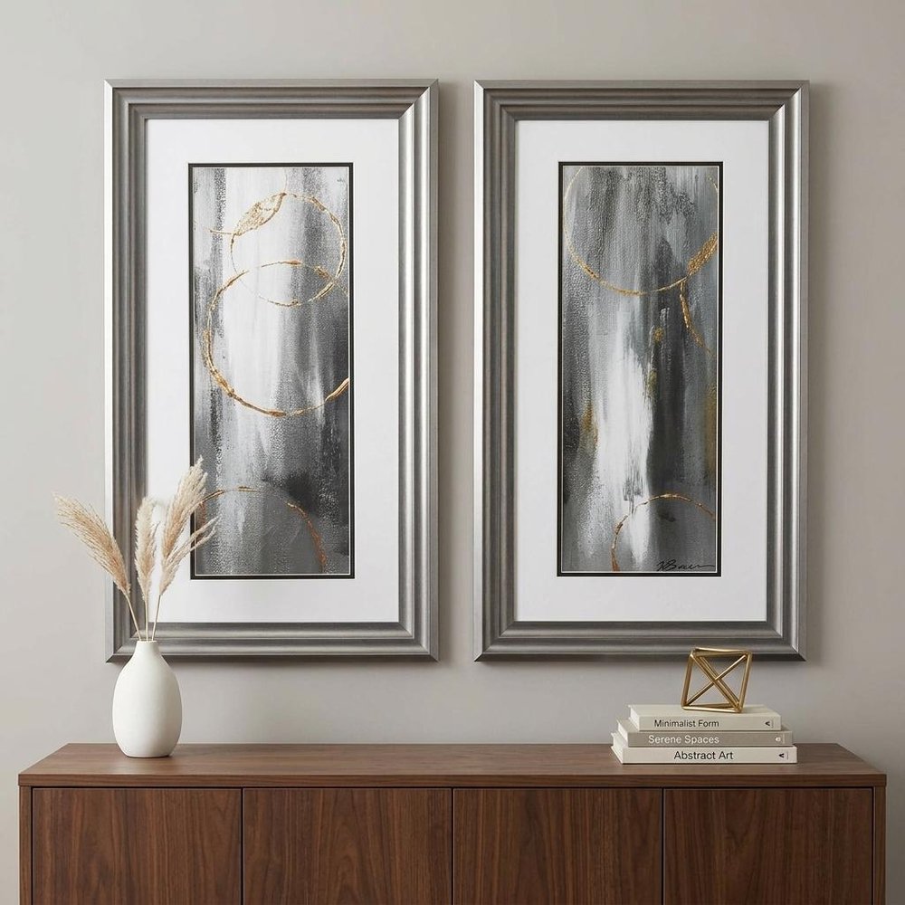 Set of Two Modern Abstract Gunmetal Framed Art in a home interior