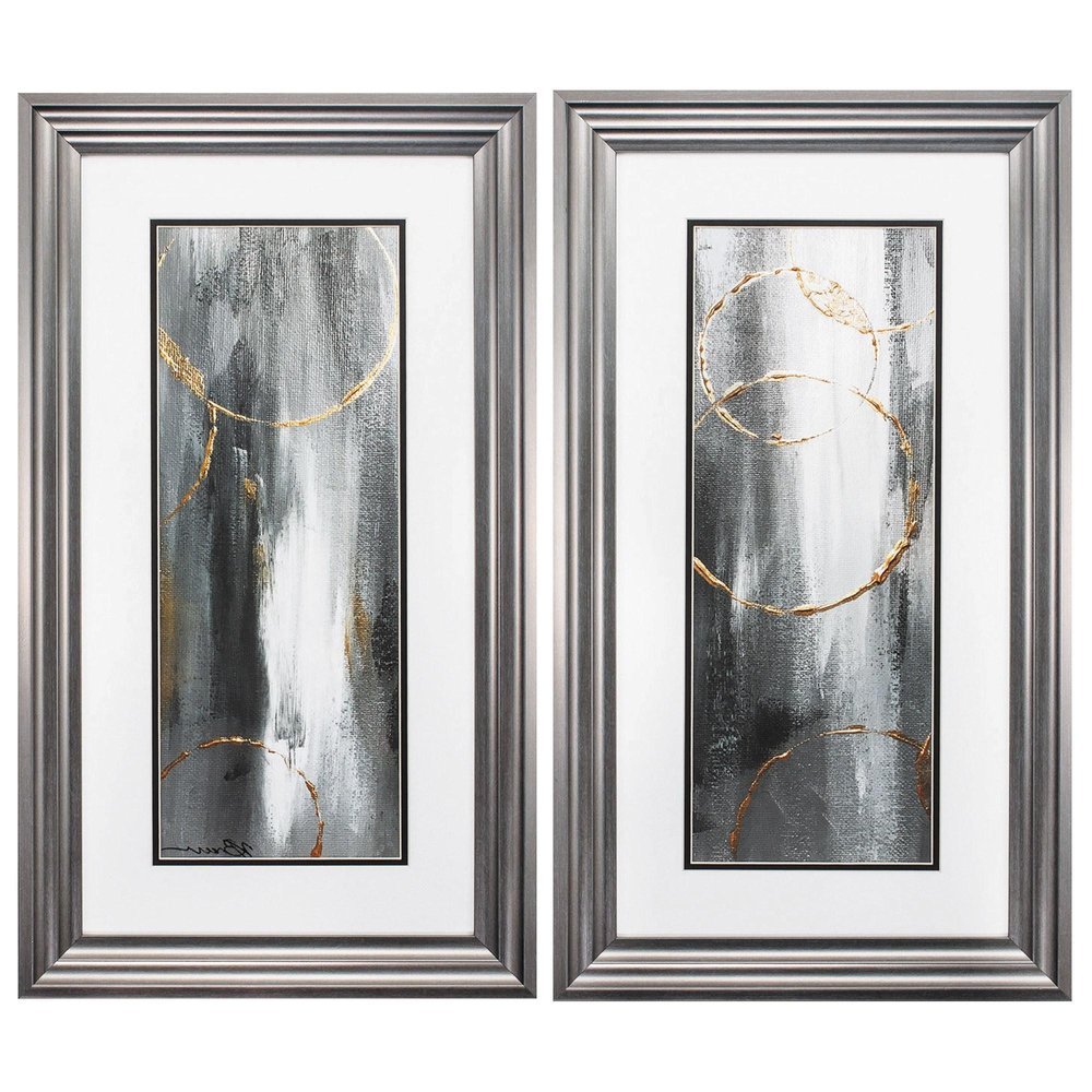 Set of Two Modern Abstract Gunmetal Framed Art on a white background