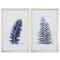 Set of Two Indigo Leaves Champagne Gold Framed Art on a white background