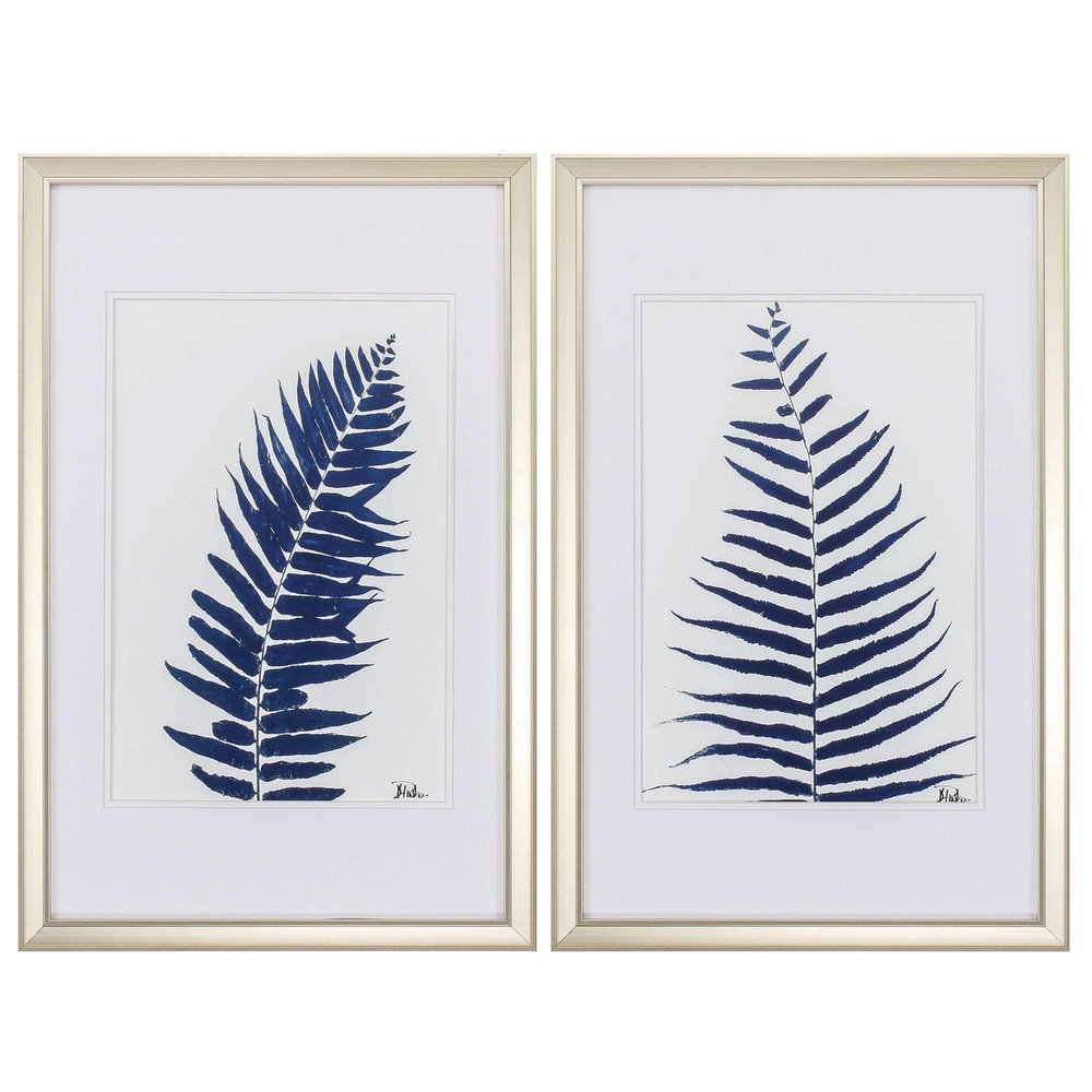 Set of Two Indigo Leaves Champagne Gold Framed Art on a white background