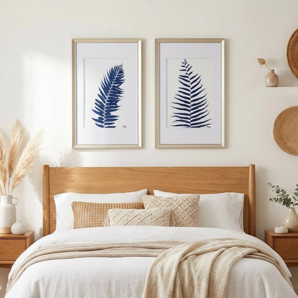 Set of Two Indigo Leaves Champagne Gold Framed Art in a home interior