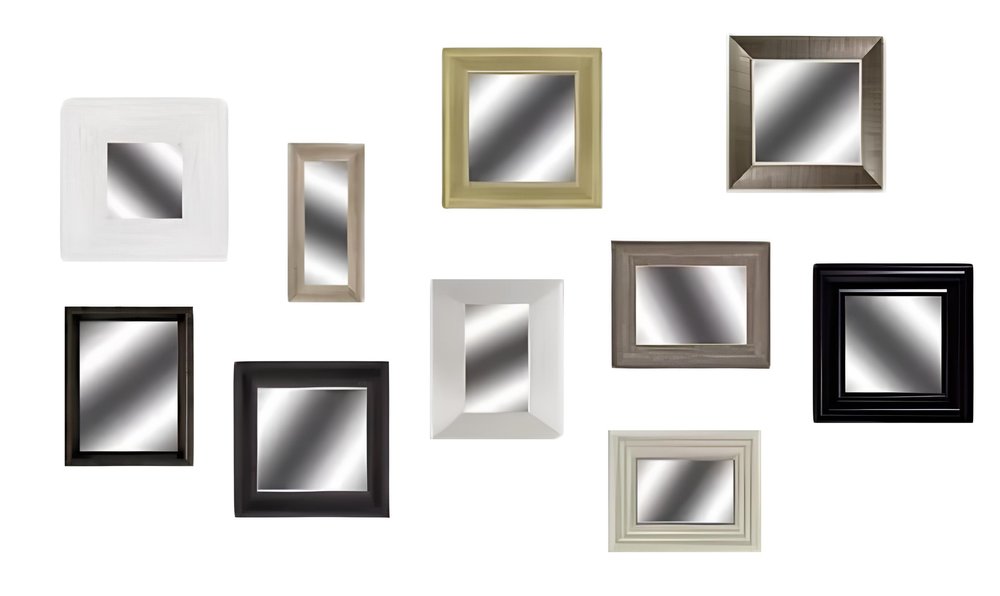 Set of Ten Brown And White Square And Rectangle Framed Mirror Set on a white background
