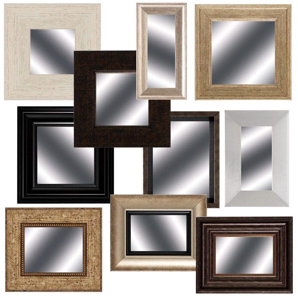 Set of ten framed mirrors in various brown, white, and metallic finishes, arranged on a white background.