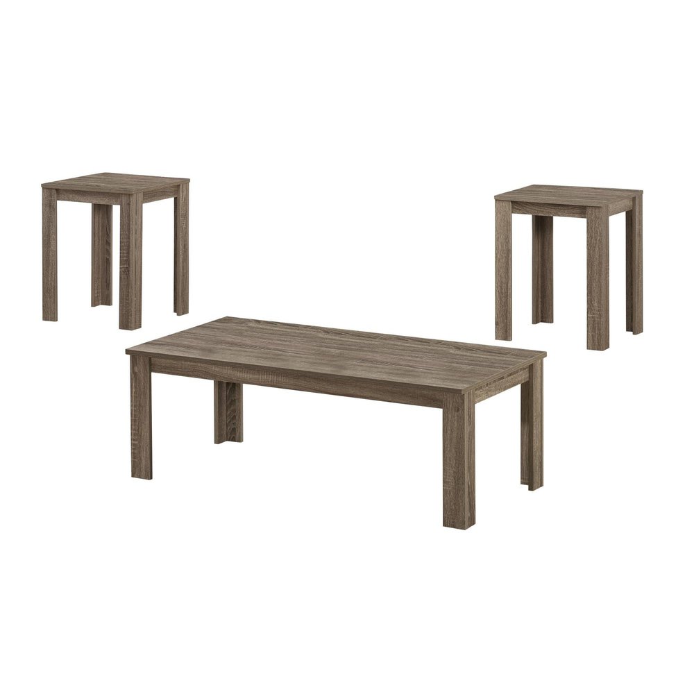 Set of three taupe wood-look tables, including one coffee table and two end tables, on a white background.