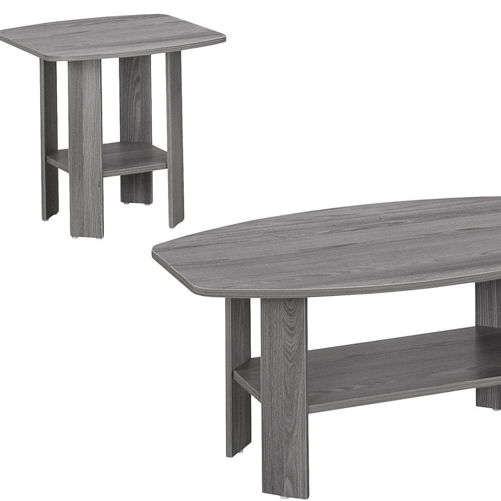 Gray wooden coffee table and end table set with shelves against a white background.