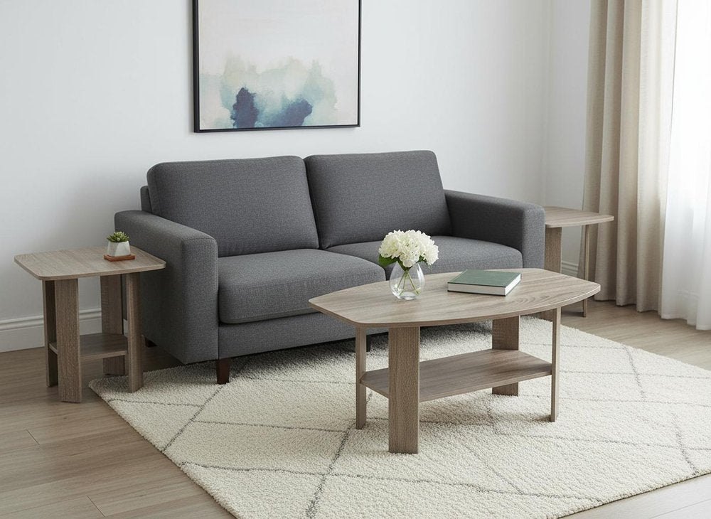 Set of Three 36" Taupe Coffee Table With Shelf in a home interior