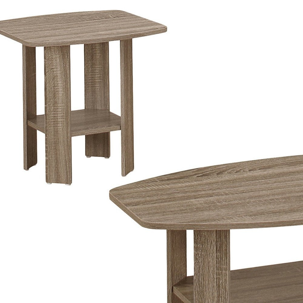Set of three taupe wood-grain finish coffee tables with shelves against a white background.