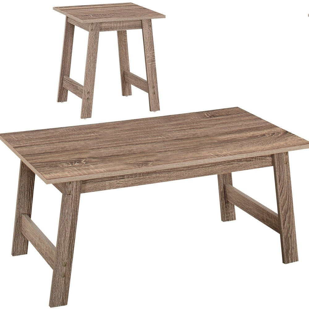 Set of two taupe wood-grain finish tables, one coffee table and one end table, on a white background.