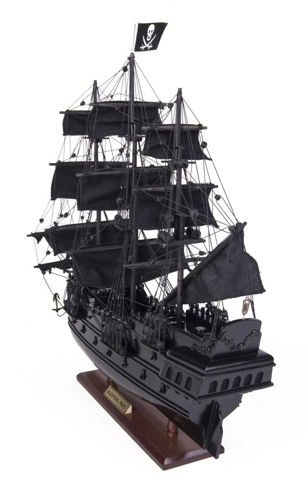 19" Black Solid Wood Hand Painted Model Boat. Home product isolated on a plain white background, in a black wood finish.