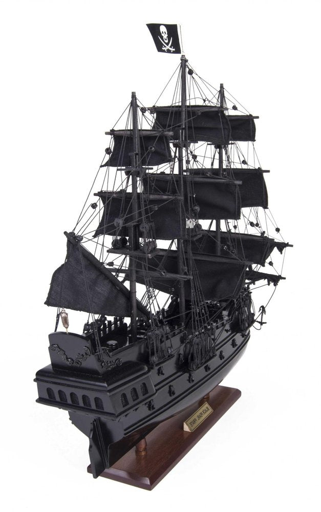 19" Black Solid Wood Hand Painted Model Boat. Home product isolated on a plain white background, finished in black wood.