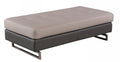 Rectangular taupe and brown faux leather tufted ottoman with silver metal legs on a white background.