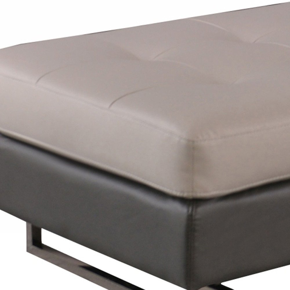 63" Taupe Brown and Silver Faux Leather Tufted Ottoman detail shot of the taupe faux leather finish.