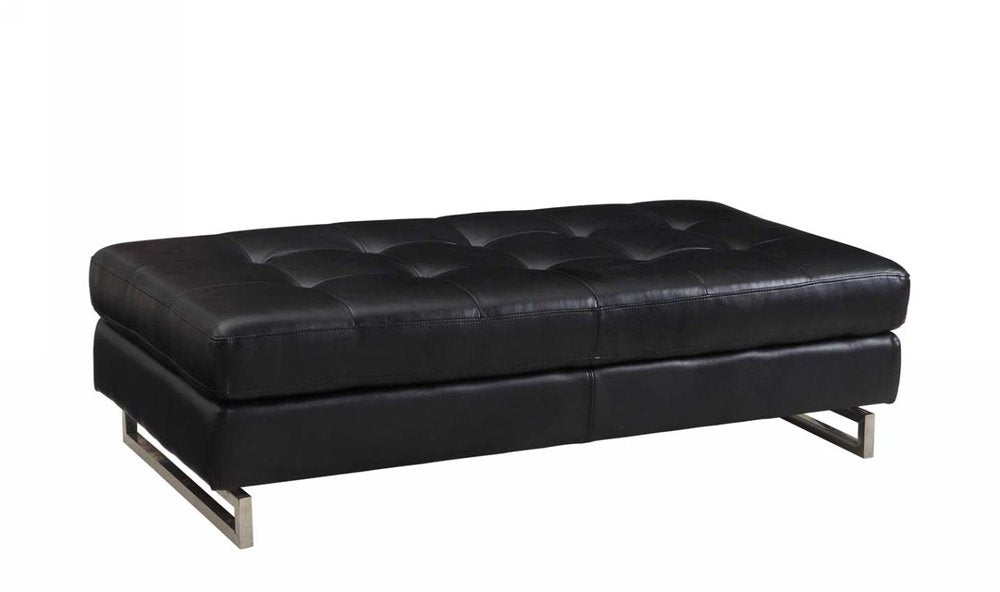 63" Black Tufted Faux Leather and Silver Ottoman. Ottoman isolated on a plain white background, in a silver faux leather finish.