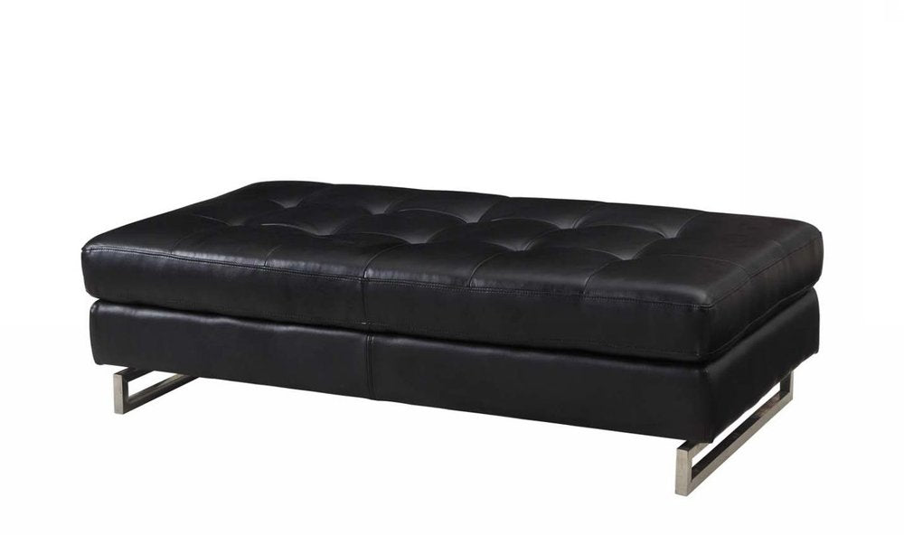 63" Black Tufted Faux Leather and Silver Ottoman. Ottoman isolated on a plain white background, finished in silver faux leather.